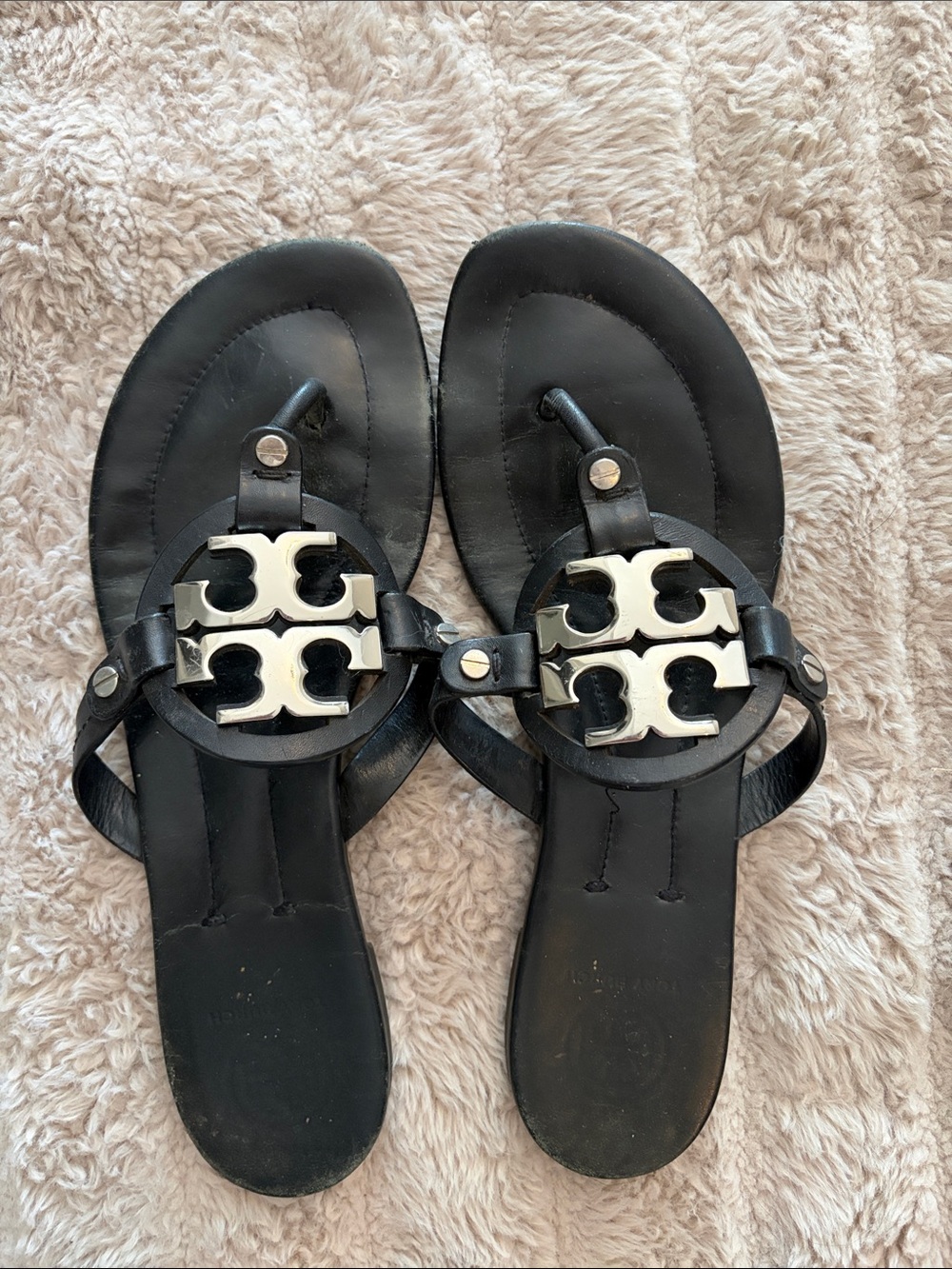 Tory Burch Black Leather Sandals with Silver Logo